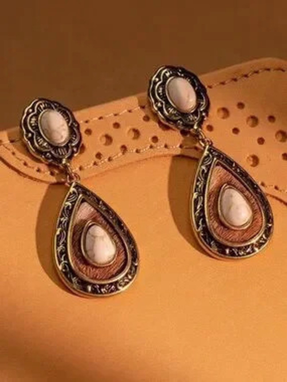 Anthropologie Gold-Tone Teardrop Earrings with Cream Stone Accents